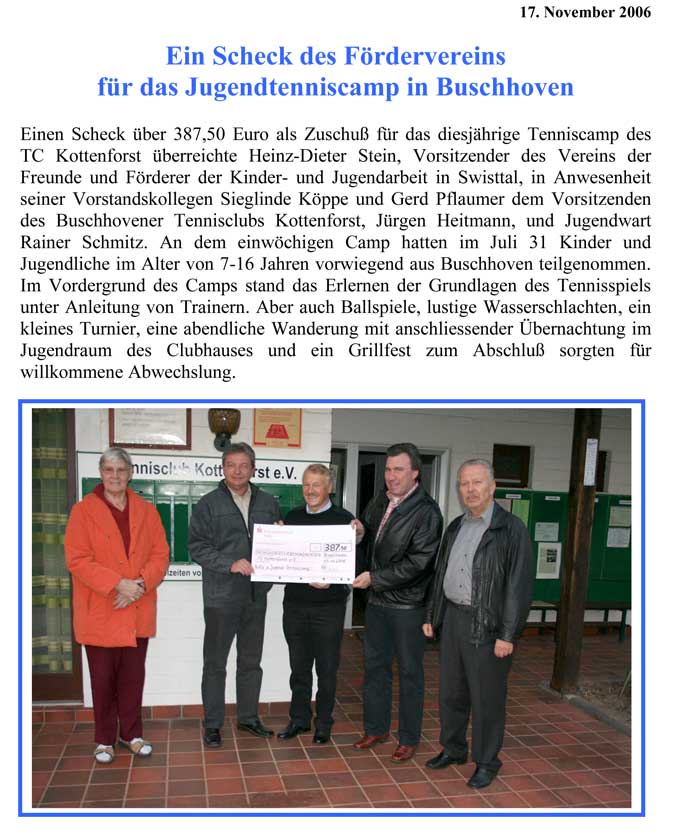 Scheckübergabe an TC Kottenforst